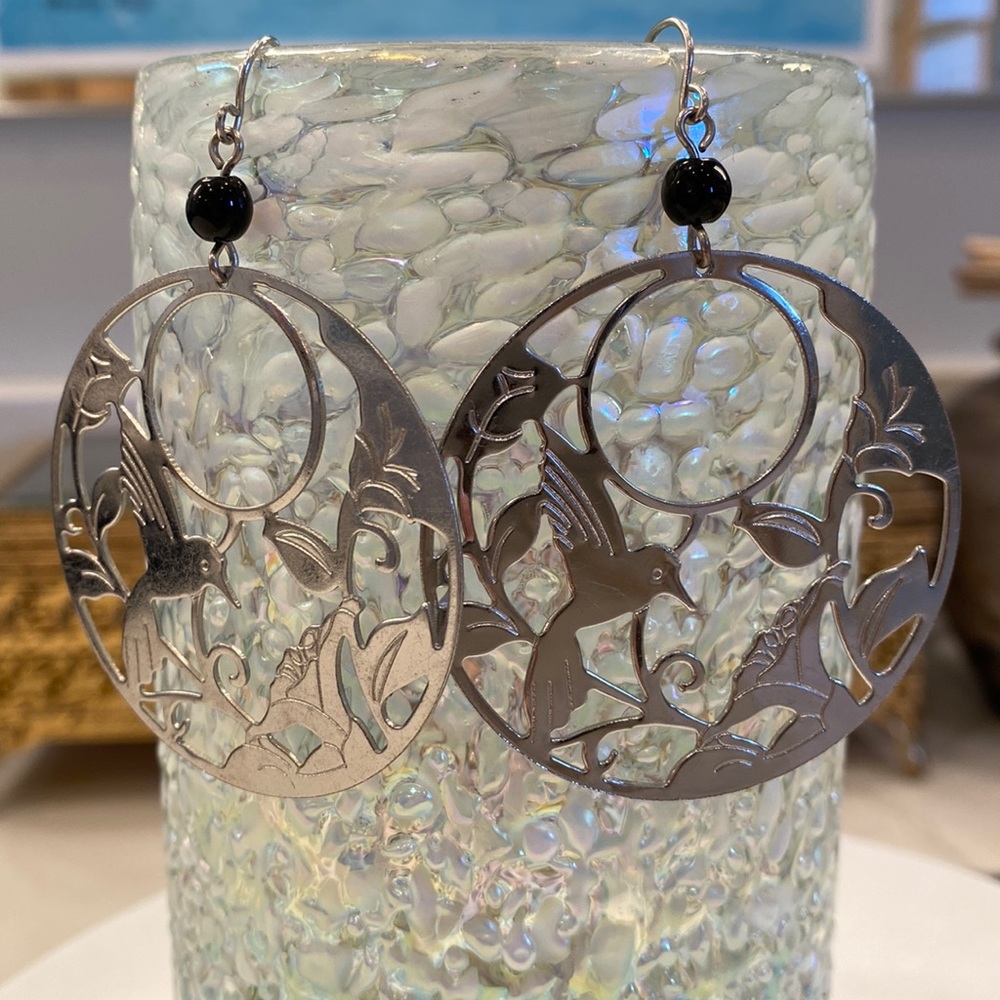 Hummingbird & Flower Cut-out Hoop Earrings, Silver-Toned Metal